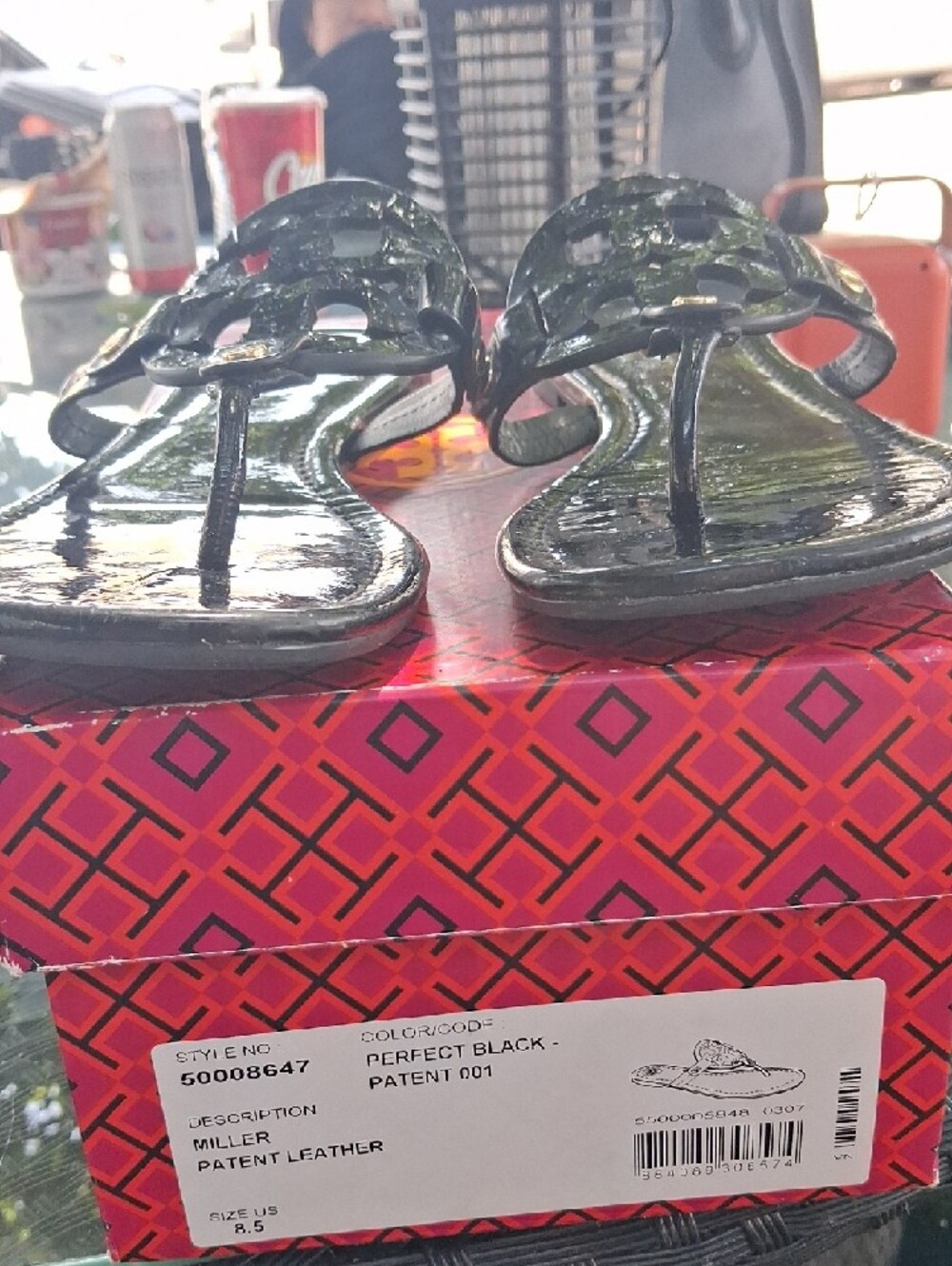 Tory Burch Black Patent Logo Jelly Thong Sandals - Picture 3 of 5